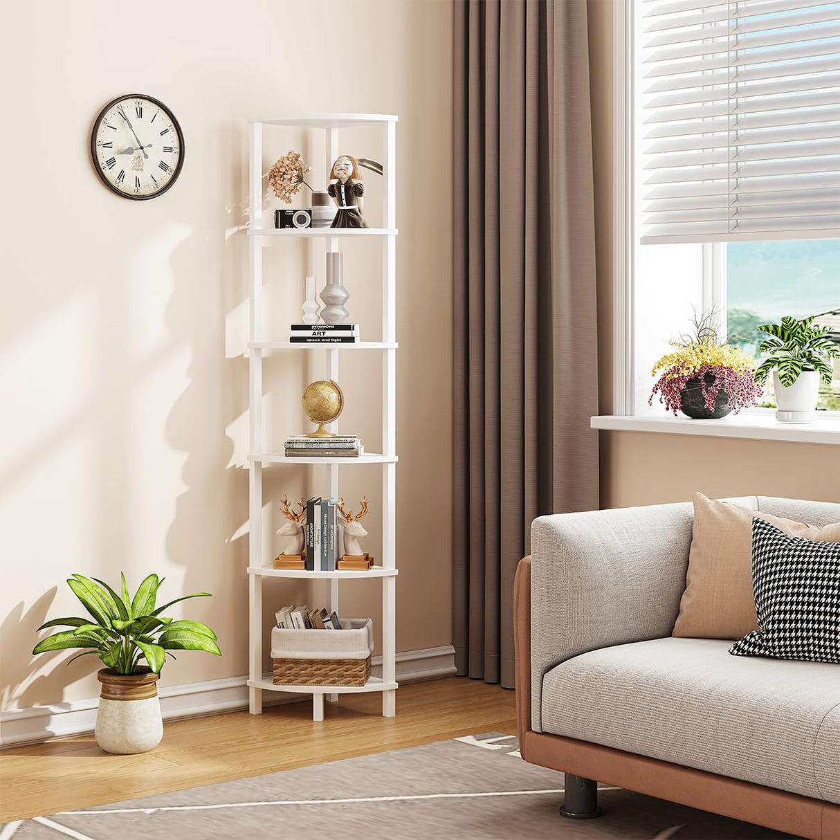 VIMBER Corner Shelf, 6-Tier Corner Bookshelf, Industrial Corner Ladder Shelf, DIY Storage Shelves, Modern Display Shelf for Living Room, Bedroom, Kitchen, Home Office, White UJSJ004W VIMBER