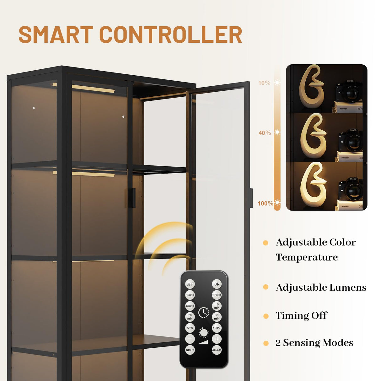 Eltean 63" H Glass Display Cabinet, 4 Tiers Curio Display Case with 3 Colors LED Sensor Light,Display Cabinet for Collectible with 3 Adjustable Shelves for Living Room, Bedroom, Office (63“H) Eltean