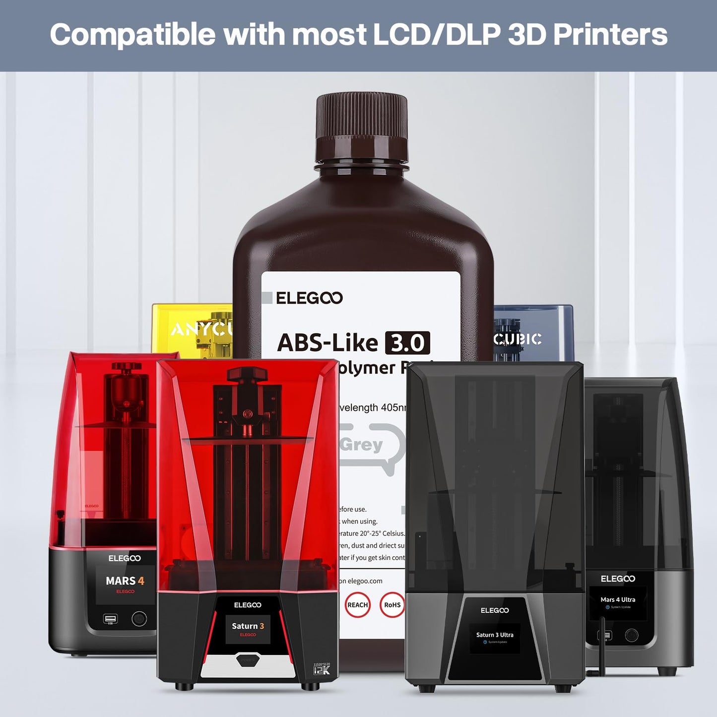 ELEGOO Upgraded ABS-Like 3D Printer Resin 3.0, 405nm UV-Curing LCD Resin High Precision Fast Curing Non-Brittle Photopolymer Resin for LCD Printing Grey 2KG