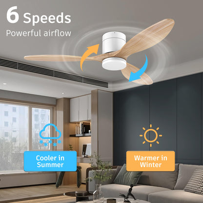 52”Smart Wood Flush Mount Ceiling Fans with Lights Remote,Quiet DC Motor,Ultra Low Profile Ceiling Fan Compatible with Alexa Google Voice App,Outdoor Indoor Modern White Ceiling Fan for Bedroom Patio