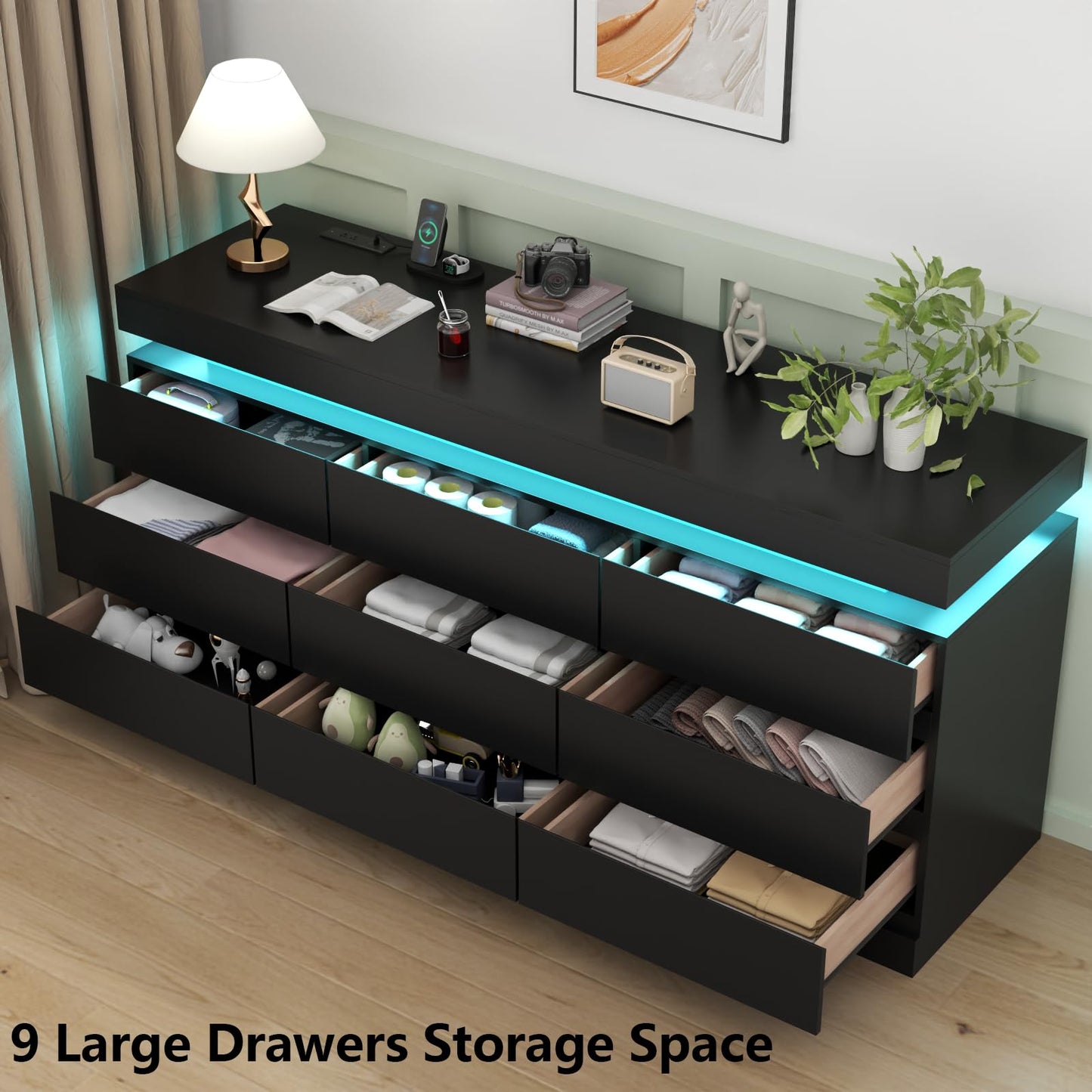 9 Drawer Dresser with Power Outlet, Dresser with LED Light, Modern Chest of Drawers for Closet, Double Wide Drawer Organizer Cabinet for Bedroom, Living Room, Entryway, Hallway (Black, 9 Drawers)