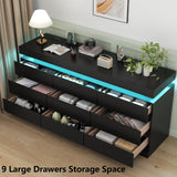 9 Drawer Dresser with Power Outlet, Dresser with LED Light, Modern Chest of Drawers for Closet, Double Wide Drawer Organizer Cabinet for Bedroom, Living Room, Entryway, Hallway (Black, 9 Drawers) Gyfimoie