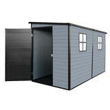 Shaical 4 x 8 FT Outdoor Storage Shed with Floor and 2 Windows, Lean to Resin Shed with Lockable Door, Plastic Sheds for Garden Tools, Bicycles, Trash Cans, Lawn Mower Shaical