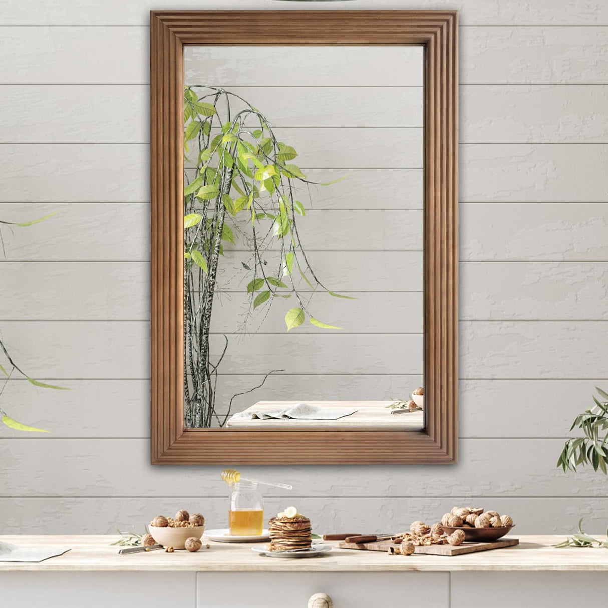 DAOYIJIAJU Rustic Wooden Framed Wall Mirror, Rectangle Wood Hanging Mirror, Farmhouse Wall Mirror for Bathroom Vanity Bedroom Living Room, Vertical or Horizontal Hanging, 36" x 24" DAOYIJIAJU