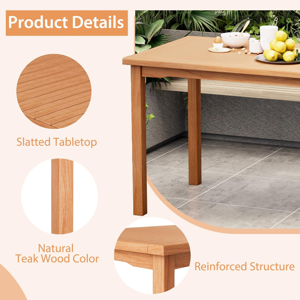 Giantex Patio Rectangle Dining Table, 49” x 27.5” Indonesian Teak Wood Outdoor Table with Spacious Slatted Tabletop for 6 Person, Indoor Outdoor Dining Table for Backyard, Poolside, Front Porch Giantex