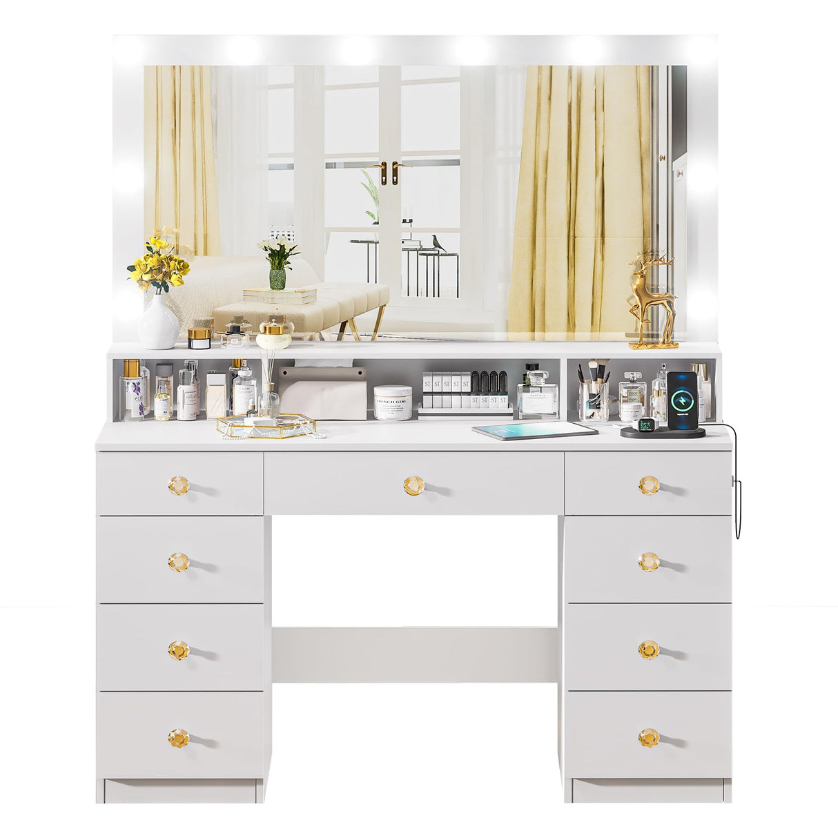 Vanity Desk with Large Lighted Mirror 10 Led Lights,43.3"Large Makeup Vanity with 9 Drawers,Power Outlet,Makeup Dressing Table with Crystal Handles,Christmas Vanity Table for Women Girls (White) DINGIPP