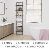 POBOMULI 6-Tier Ladder Shelf, 77 Inches Wall Mounted Ladder Bookshelf with Metal Frame, Wood Tall Open Storage Rack and Display Shelves for Home Office Bedroom Living Room, Black POBOMULI