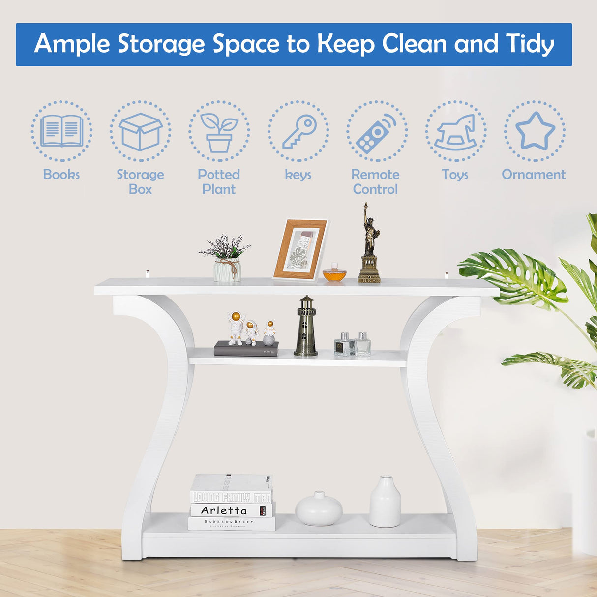 SUPER DEAL Wood Console Table for Entryway, 3 Tier Modern Sofa Table with Curved Frame and 2 Open Storage Shelves, Narrow Table for Hallway Living Room Bedroom, 47 in White SUPER DEAL