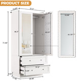 IRONCK Wardrobe Closet with LED Light & Mirror, Wooden Modern Armoire with 2 Drawers and Hanging Rod, Large Capacity Storage Closet for Bedroom, White IRONCK
