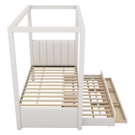 Twin Size Canopy Bed with Trundle and 3 Storage Drawers, Modern Upholstery Canopy Platform Bed with Backrest and Wood Slat Support, Beige Wood Canopy Bed for Kids Teens Adults (Twin) AYJOIR
