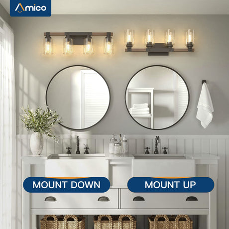 Amico Farmhouse Bathroom Vanity Light Fixtures,Rustic 4-Light Industrial Painted Wood Vanity Lights for Bathroom,Vintage Black Wall Sconces Bathroom Vanity Lighting with Bubble Glass Shade Amico