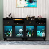 COCO DESIGN Small Wine Cabinet with Glass Doors, Modern Liquor Bar Cabinet with LED Light for Alcohol, Farmhouse Buffet Coffee Sideboard with Storage for Kitchen, Black COCO DESIGN