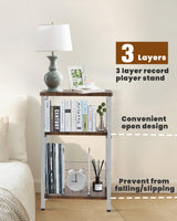 Tuohours Record Player Stand, 3 Tier End Side Table with Vinyl Record Storage Basket, Turntable Table up to 100 Albums Record Shelf Display Holder Cabinet for Living Room, Bedroom, Office Tuohours