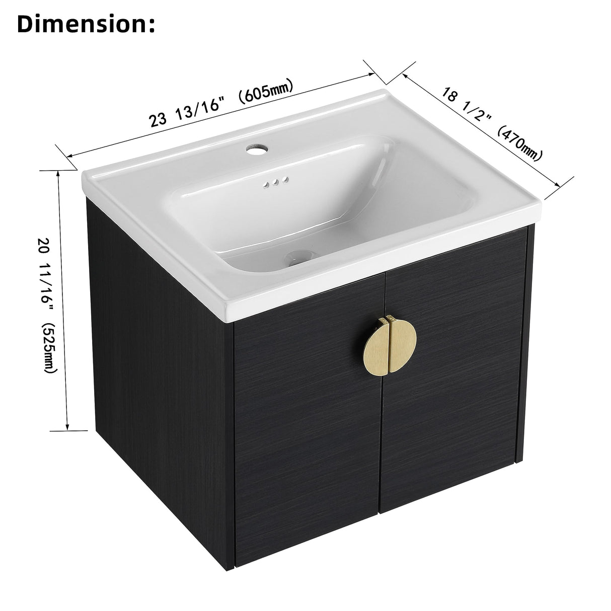 SSLine Modern 24" Floating Bathroom Vanity with Sink Wall Mounted Bathroom Vanity with Top Basin & Storage Cabinet Luxury Black Wood Hanging Vanity w/Ceramic Sink & Gold Handles for Small Space SSLine