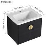 SSLine Modern 24" Floating Bathroom Vanity with Sink Wall Mounted Bathroom Vanity with Top Basin & Storage Cabinet Luxury Black Wood Hanging Vanity w/Ceramic Sink & Gold Handles for Small Space SSLine