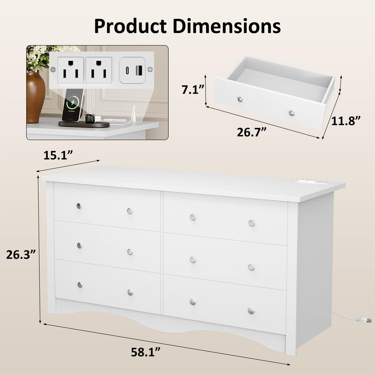 Furmax Dresser for Bedroom with Power Outlet, 6 Wood Dresser, Chest of Drawers, for TV up to 65 inch, TV Stand Storage Chest of Drawers for Hallway Entryway (White) Furmax