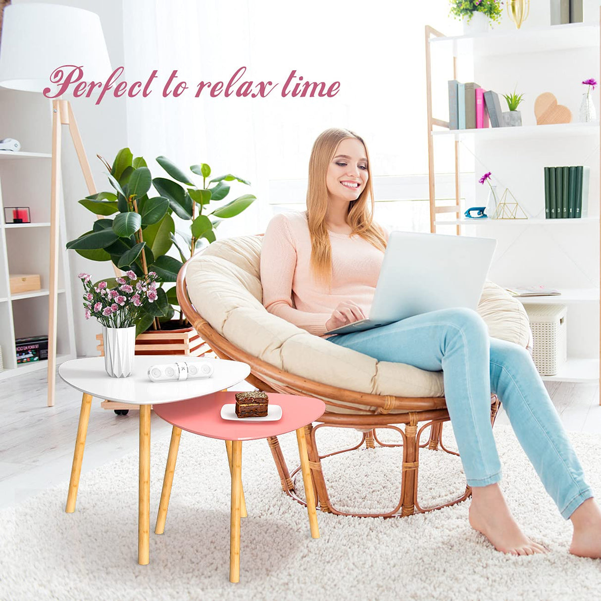 Bambloom Bamboo Nesting Coffee Tables - Small Coffee Table for Living Room, Set of 2 Triangle End Table Modern Side Table for Bedroom Apartment Balcony Yard Small Spaces, (White & Pink) Bambloom