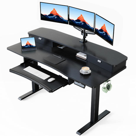 HUANUO 55" x 26" Electric Standing Desk with 2 Drawers & 26.7" Large Keyboard Tray, C-Clamp Mount Compatible, Adjustable Computer Desk for Home Office, Stand Up Desk with 4 Height Presets, Black HUANUO
