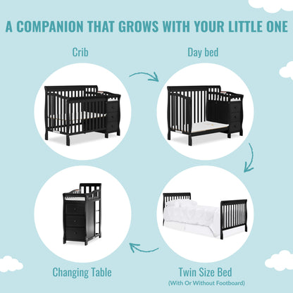 Dream On Me Jayden 4-in-1 Mini Convertible Crib And Changer in Black, Greenguard Gold Certified, Non-Toxic Finish, New Zealand Pinewood, 1" Mattress Pad