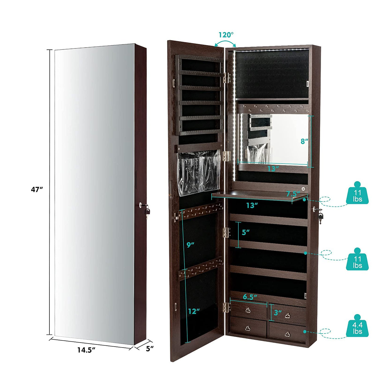 CHARMAID LED Strip Jewelry Armoire with 47.2" H Full Length Mirror, Wall/Door Mounted Jewelry Organizer with Built-in Mirror, Flip-over Cosmetic Tray, 4 Drawers, Large Storage Jewelry Cabinet (Coffee) CHARMAID