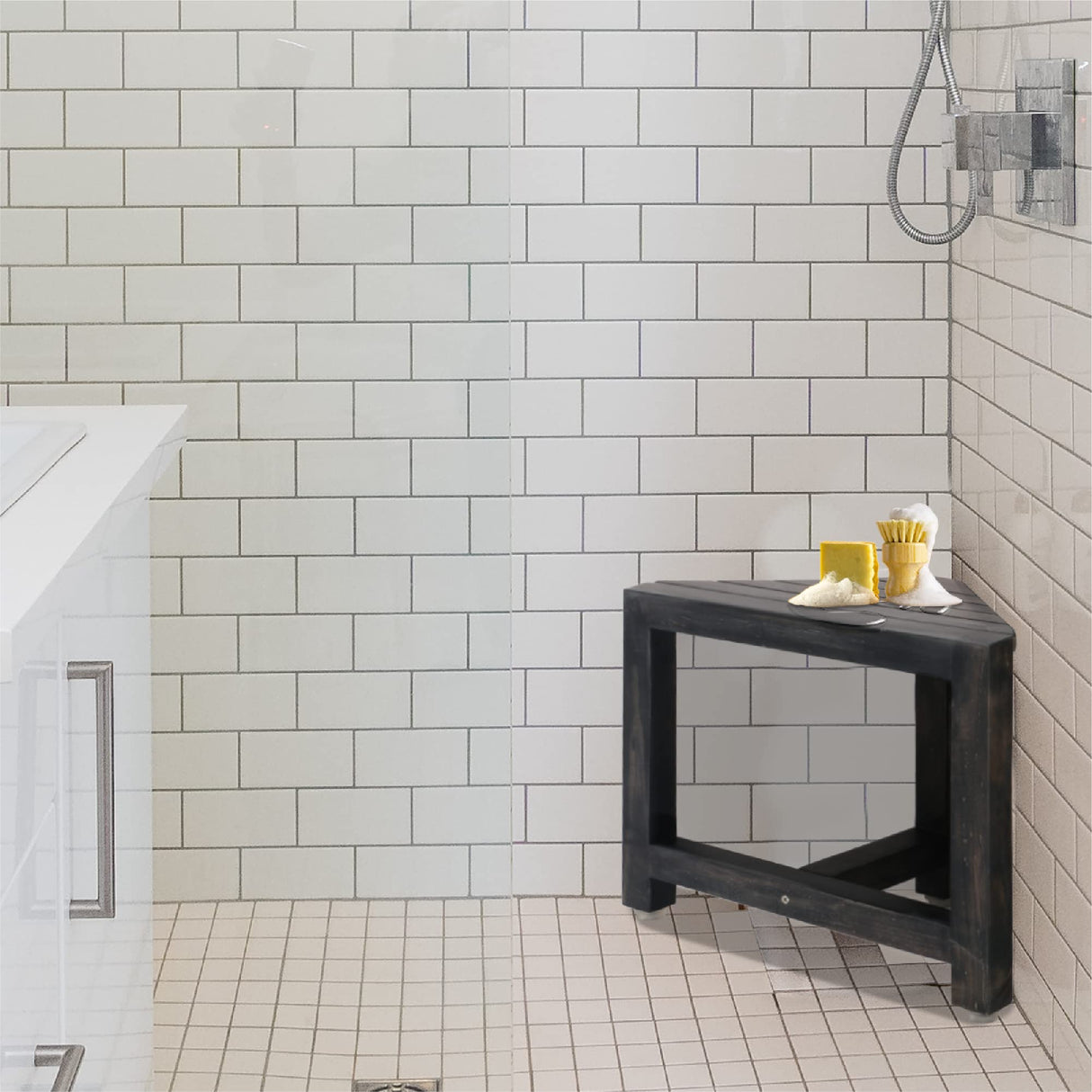 ENKEZI Shower Foot Rest 12 in - Shower Seat for Inside Shower - Shower Bench, Shower Stool for Shaving Legs, Corner Stool Suitable for Small Shower Spaces (Rustic Black) ENKEZI