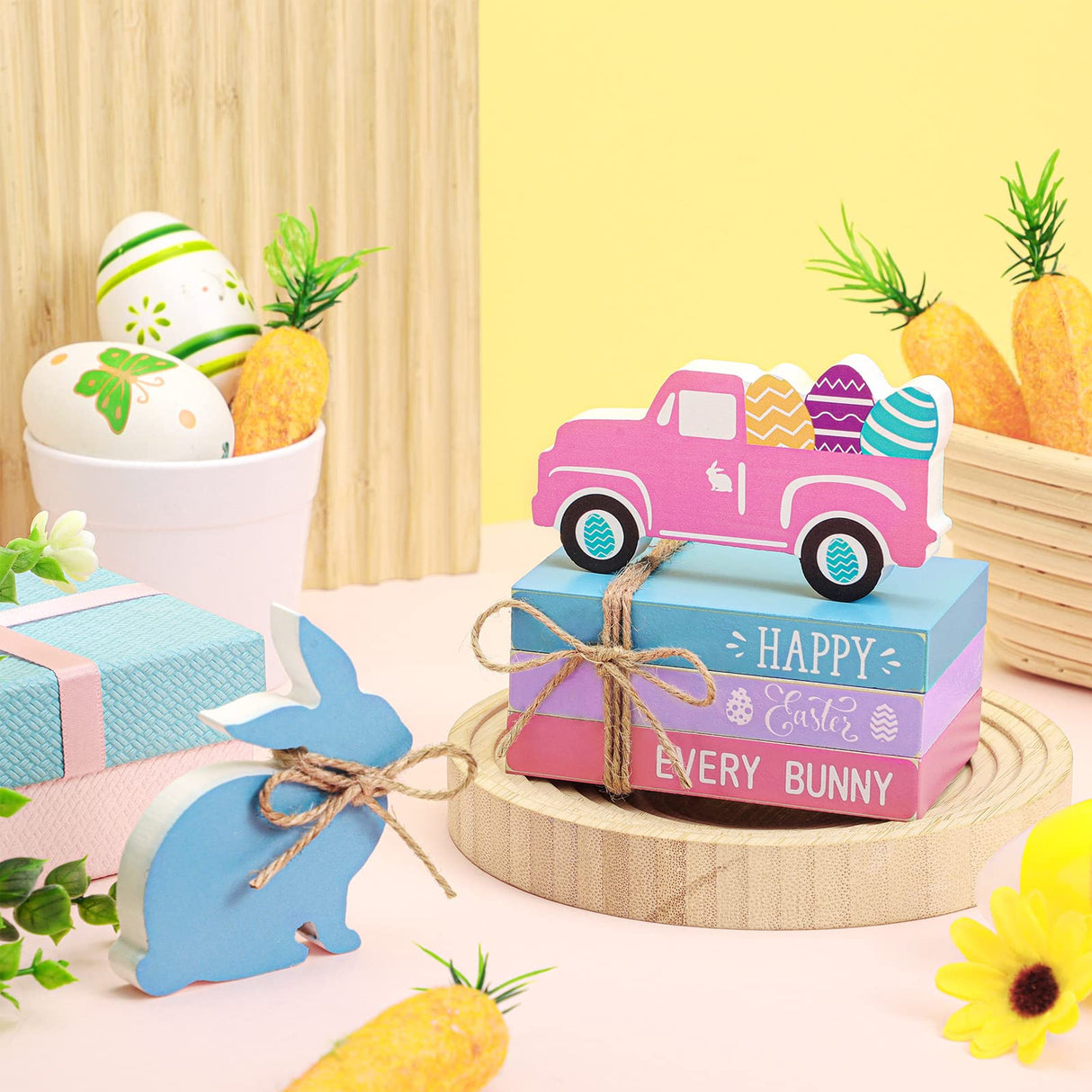 5 Pieces Easter Tiered Tray Decor Easter Farmhouse Wood Decor 3 Faux Books Bundle with Twine Easter Truck Sign and Wood Rabbit Sign Bunny Egg Spring Wooden Sign Tiered Tray for Easter Decor (Bunny) Blulu