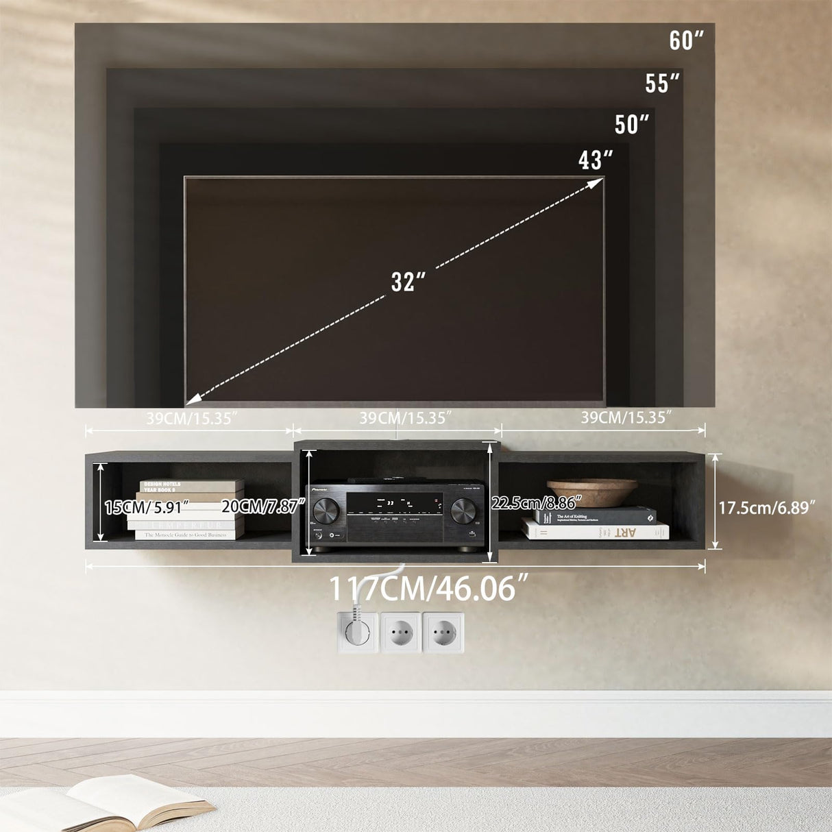 IBUYKE Floating TV Stand Wall Mounted with Power Outlet,Modern Wood Wall Mounted Media Console Shelf,Floating Entertainment Center for Under TV Storage for Living Room Bedroom Office,Black WST001B- IBUYKE