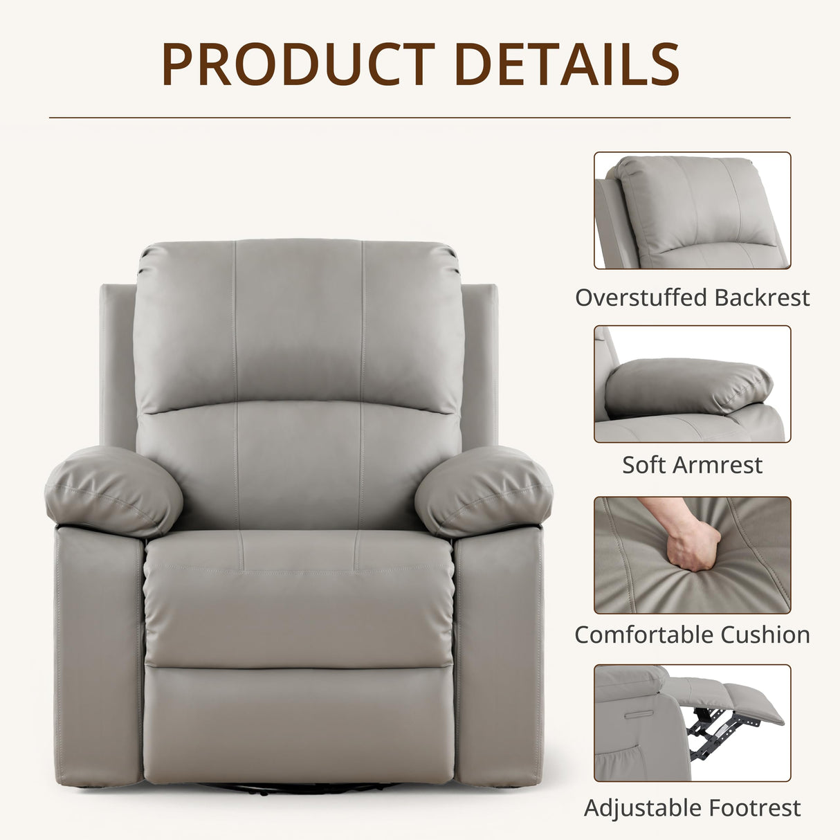 zzlay 360° Swivel Rocking Leather Recliner Chair for Adults, Overstuffed Manual Recliner with Spring Cushion, Glider Rocking Nursery Single Sofa with Side Pockets for Living Room, Beige zzlay