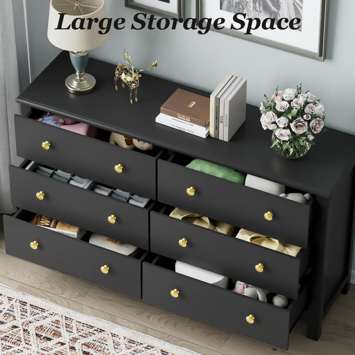 HOUROM Black Dresser, Modern 6 Drawer Double Dresser for Bedroom with Gold Knobs, Adults & Kids Wide Dressers & Chests of Drawers for Hallway, Entryway HOUROM