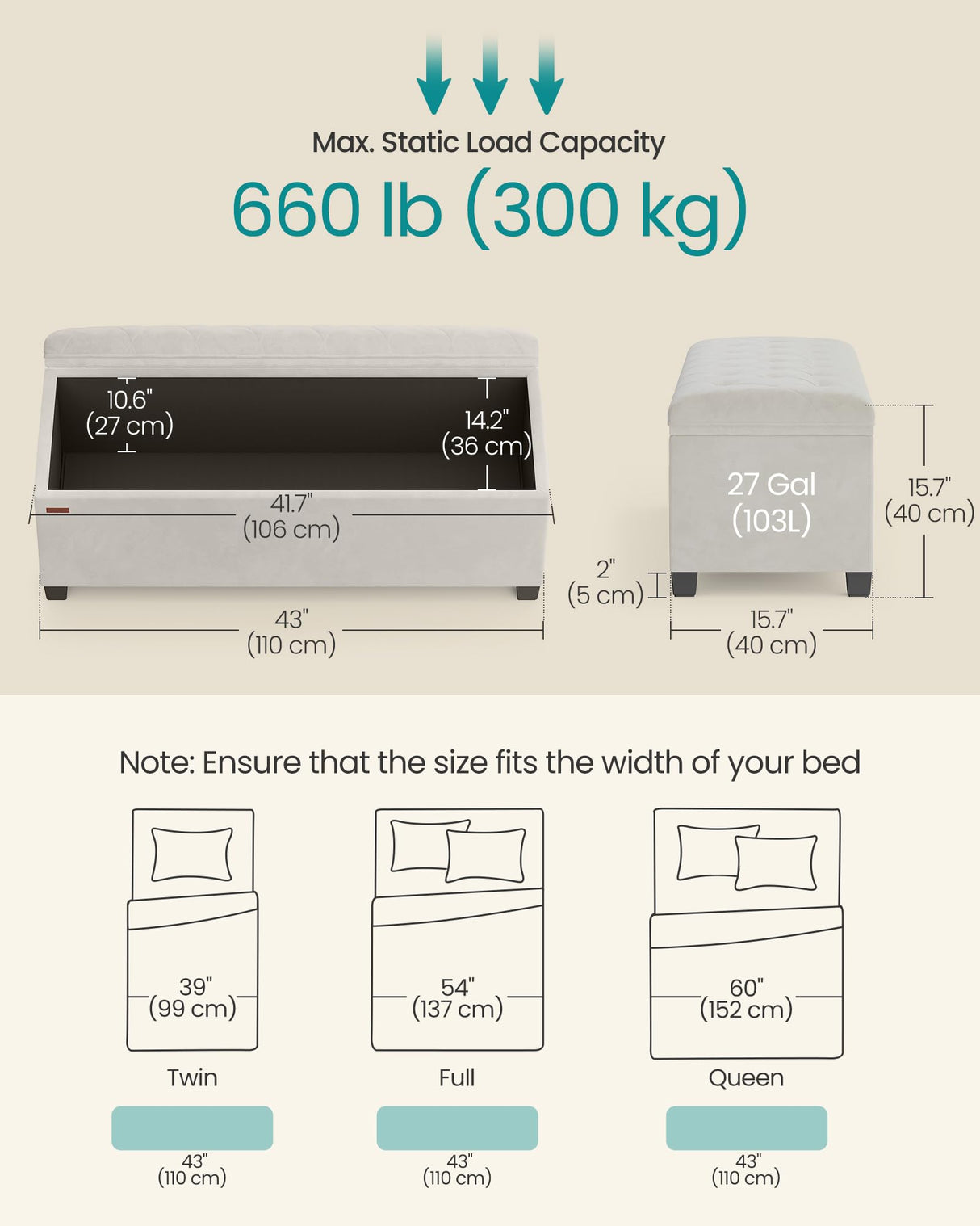 SONGMICS Velvet Storage Ottoman Bench, Foot Rest with Legs, 15.7 x 43 x 15.7 Inches, End of Bed Bench, Storage Chest, Load up to 660 lb, for Living Room, Bedroom, Entryway, Cream White ULSF089W01 SONGMICS
