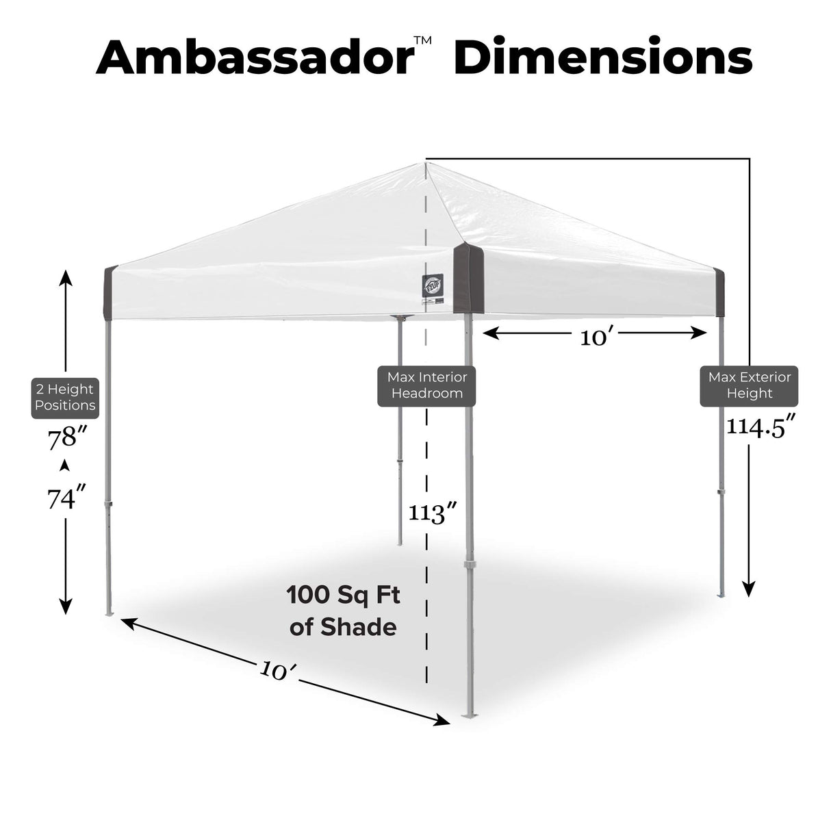 E-Z UP Ambassador Instant Pop Up Canopy Tent, 10' x 10', Roller Bag and 4 Piece Spike Set, White E-Z UP