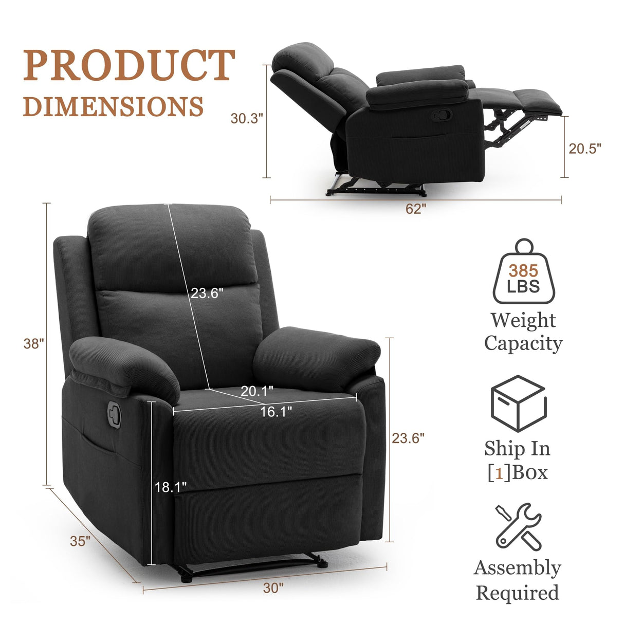 Recliner Chair for Adults, Small Recliner Chair for Small Spaces, Upholstered Corduroy Manual Recliner with Side Pockets, Reclining Chair for Living Room, Nursery, Black Korser
