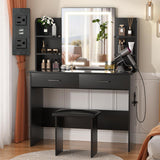 SMOOL Vanity with Lighted Mirror, Makeup Vanity Desk with Power Outlet, 3 Color Light Options Adjustable Brightness, Vanity Table with 6 Storage Shelves, 2 Large Drawers and Cushioned Stool, Black SMOOL