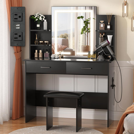 SMOOL Vanity with Lighted Mirror, Makeup Vanity Desk with Power Outlet, 3 Color Light Options Adjustable Brightness, Vanity Table with 6 Storage Shelves, 2 Large Drawers and Cushioned Stool, Black SMOOL