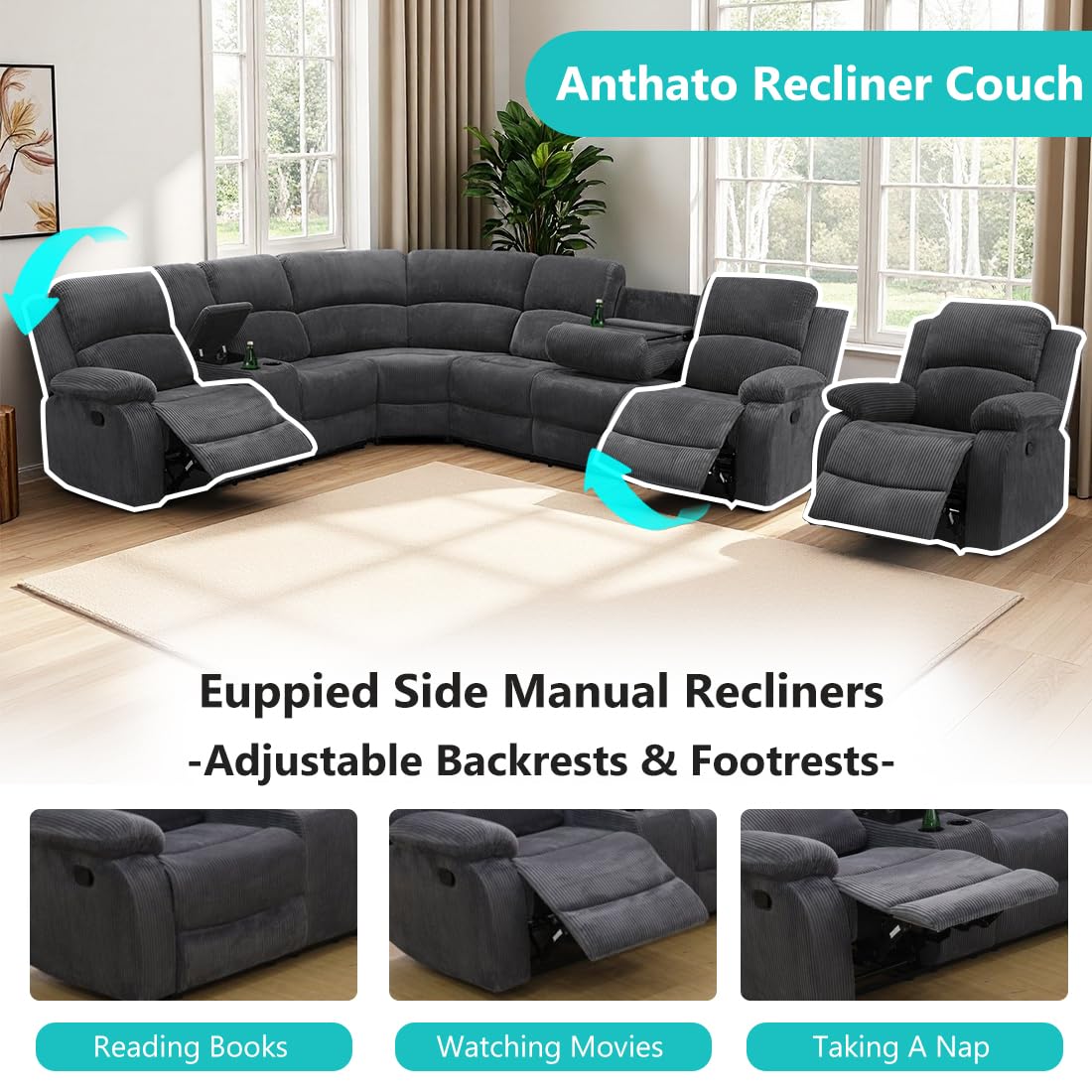 Anthato Manual Reclining Sectional Sofa Set, Living Room Furniture Sets, L-Shaped Sectional Couch & Chair, Comfy 7-Seat Corduroy Fabric Recliner Couch with Coffee Table/Cup Holders for Office, Grey Anthato