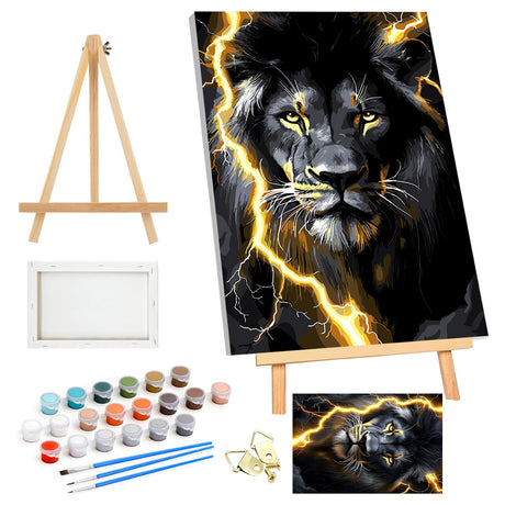 SENQAO Framed Paint by Numbers Kit for Adults Beginners with Wooden Easel, Black Lion Easy Paint by Number Kit with Frame, Watercolor Adult Paint by Number Framed Canvas 7.8x11.8inch SENQAO