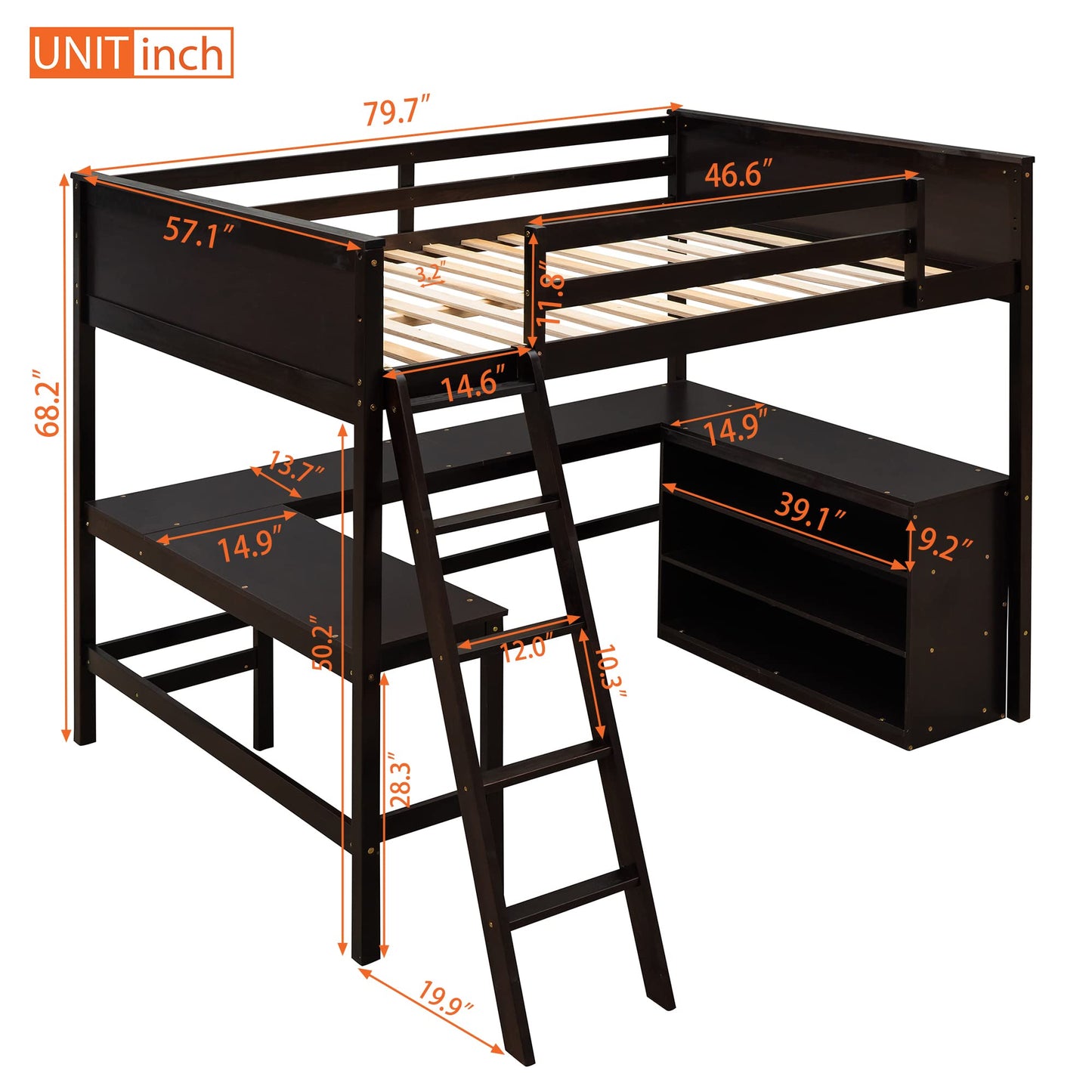 Espresso Wooden Full Size Loft Bed with Integrated Desk and Storage by Harper & Bright Designs - WoodArtSupply