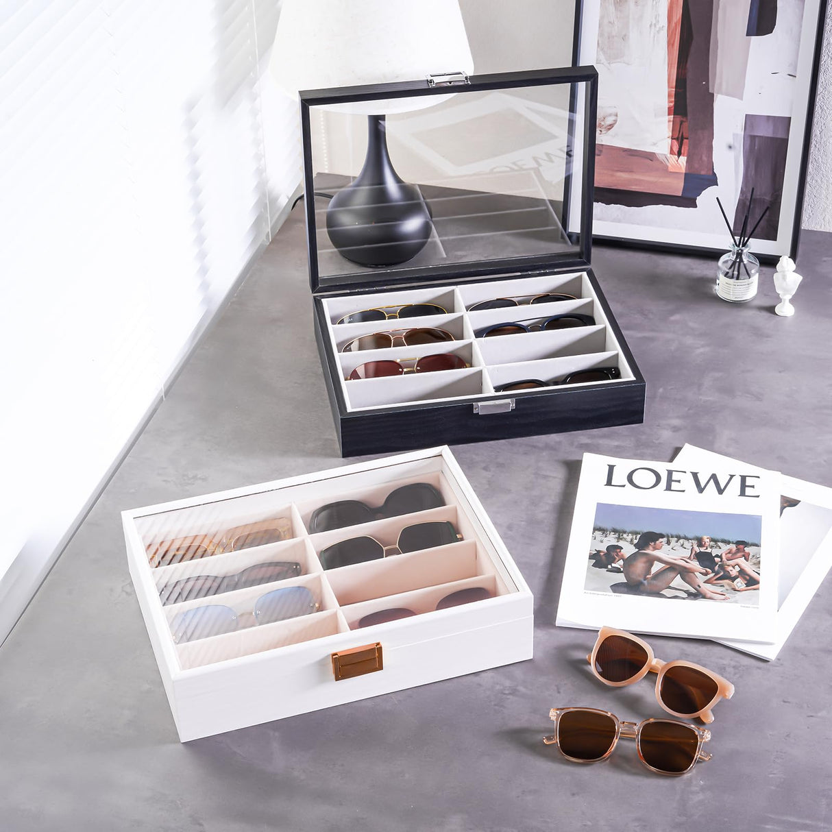 ProCase Wooden Sunglasses Organizer Trays for Men Women, Narrow Frame Glass Display Case Multiple Eyewear Eyeglass Holder Storage Box -White ProCase