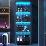 Saudism Glass Display Shelf for Collectibles, LED Black Shelf, Curio Cabinet, Lighted Tall Narrow Shelf with Pegboard Steel Frame for Gaming Room, Floor Lamp with Shelf, Living Room, Bedroom, Large Saudism