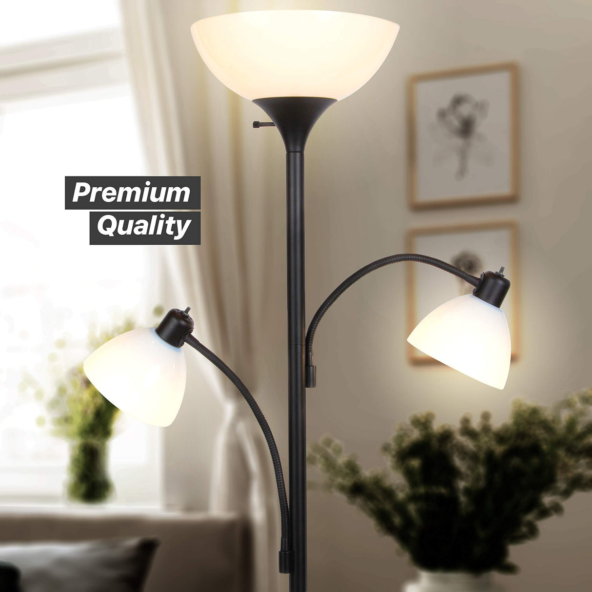 Brightech Sky Dome Double LED Floor lamp, Torchiere Super Bright Floor Lamp with 2 Reading Lamps for Living Rooms & Offices - Dimmable Tall Standing Lamp for Bedroom Reading - Tall Black Pole Brightech