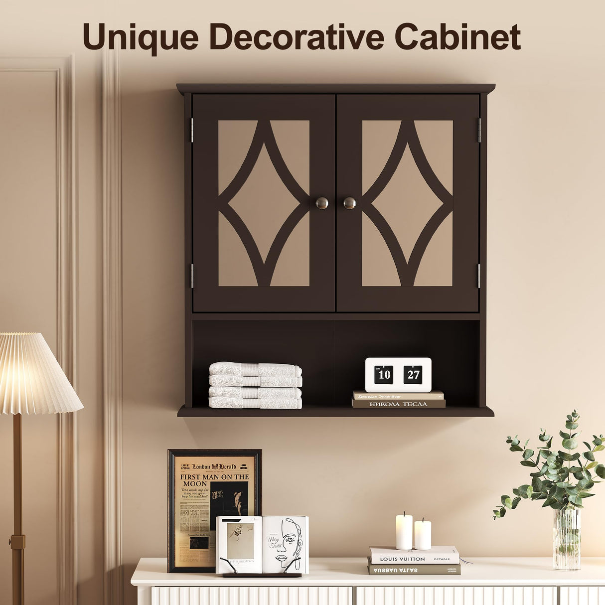 RoyalCraft Bathroom Medicine Cabinet Wall Mounted, Over The Toilet Storage Cabinet with Towel Rack and Adjustable Shelf, Large Bathroom Towel Cabinet Wall Mount 22 * 25 inch (Brown) RoyalCraft