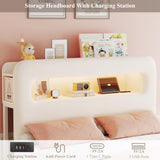 HOSTACK Queen LED Bed Frame with Storage Headboard and Charging Station, Kids Bed Frame with 4 Drawers and USB Ports, Velvet Upholstered Platform Bed Frame with Bookcase, No Box Spring Needed, Cream HOSTACK