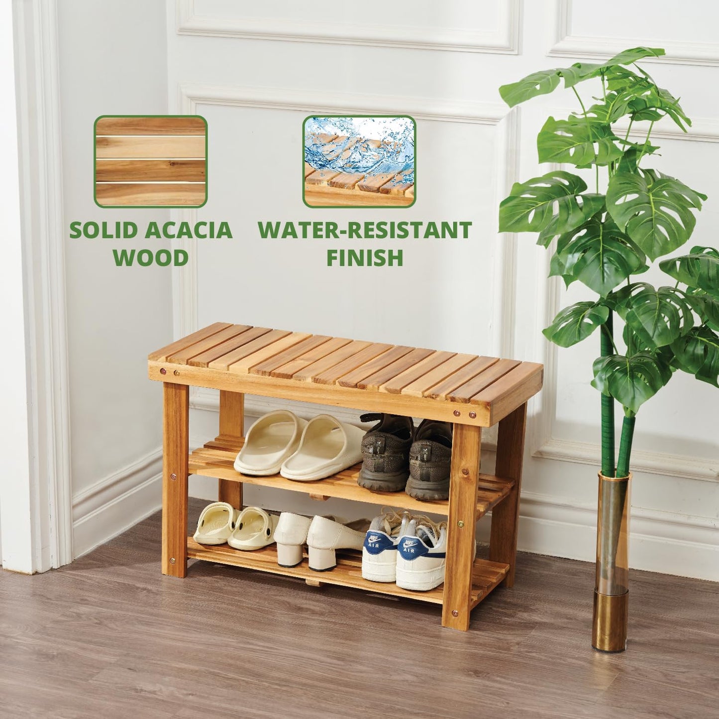 BEEFURNI Wooden Shoe Rack Bench, 3-Tier Sturdy Shoe Organizer, Acacia Wood Shoe Shelf, 300 LBS Load Capacity, Perfect for Closet Entryway Bathroom Bedroom, 1-year Manufacturer Warranty, Natur - WoodArtSupply