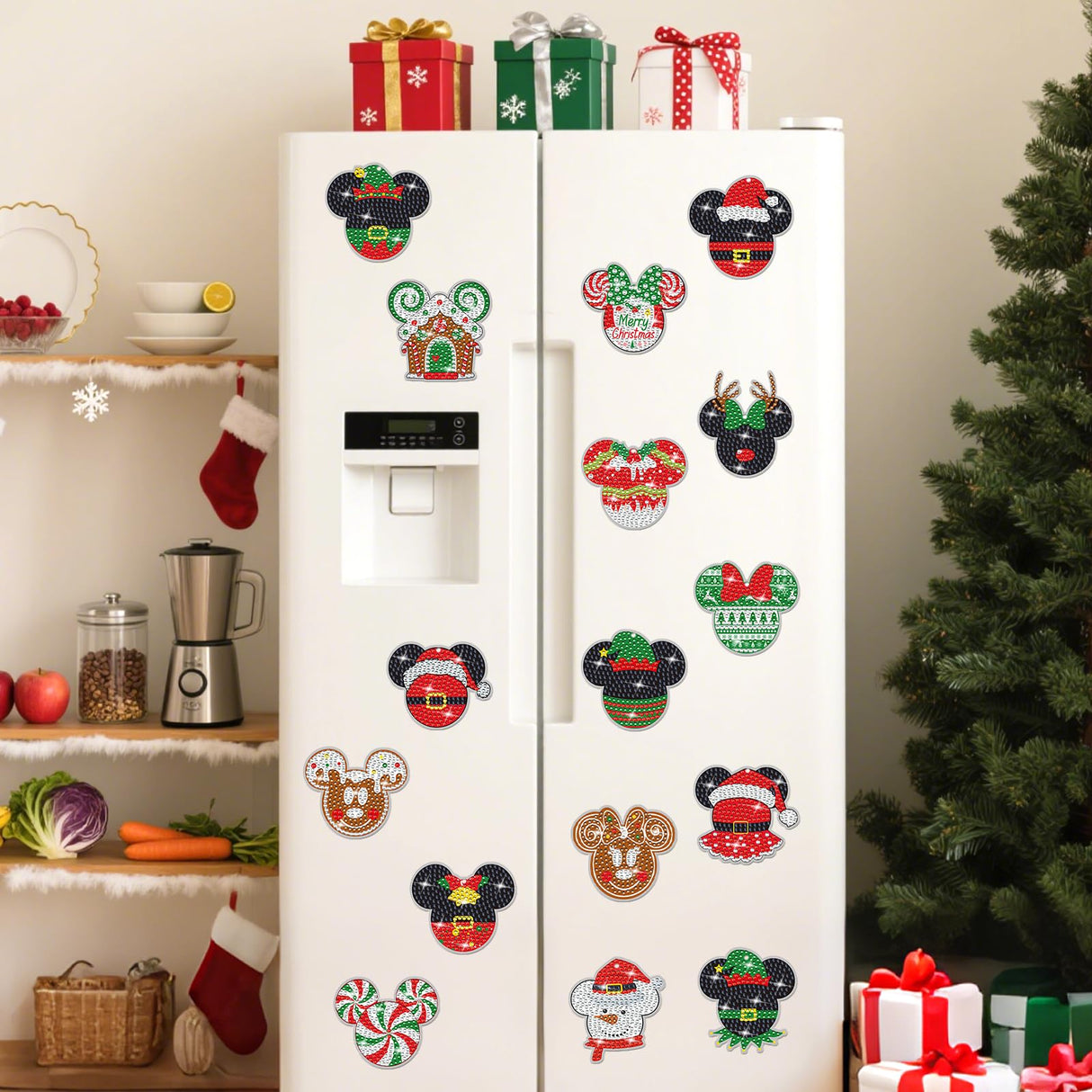RiVolTa Christmas Diamond Art Kits - 16 Pcs Mouse Head Painting Magnets Refrigerator Cute Snowman Santa Claus Magnetic Stickers Dotz Ornaments for Adults Kids DIY Crafts Xmas Fridge Home Decals Decor RiVolTa