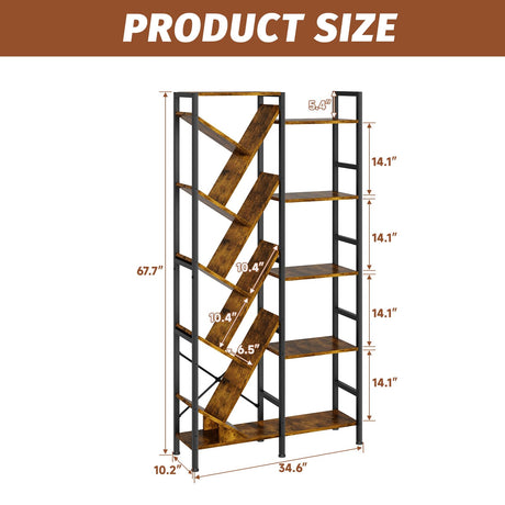 5-Tier Double Wide Bookshelf 67" , Industrial Tree BookShelves, Vintage Storage Rack with 14 Open Shelves, Large Bookcase, Wooden and Metal Bookshelves, Wide Display Rack for Home Office Decorative Cutogxon