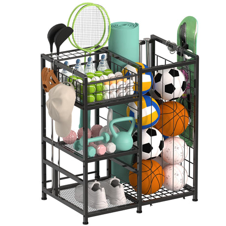 Garage Sports Equipment Organizer, Garage Ball Storage Rack with Elastic Straps and 4 Hooks, Ball Holder Rack,Ball Organizer for Garage or Gym Indoor and Outdoor, Basketball Racks for Balls, Metal melos