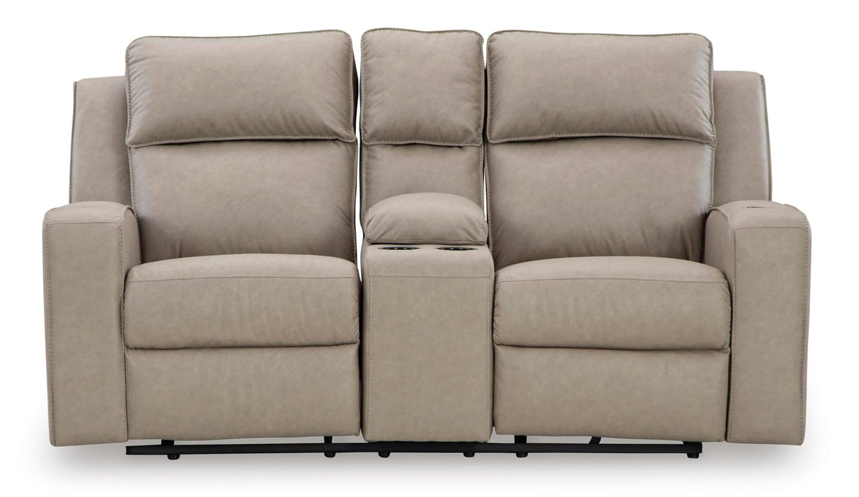 Signature Design by Ashley Lavenhorne Contemporary Faux Leather Manual Reclining Loveseat with Console and Cup Holders, Beige Signature Design by Ashley