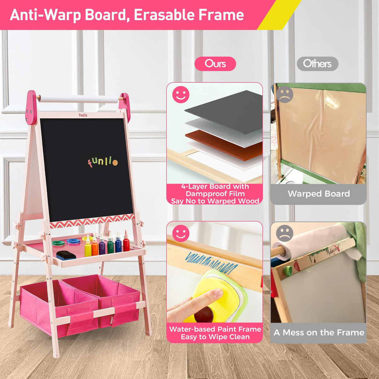 FUNLIO Kids Art Easel, 3 Height Adjustable for Kids Aged 2-8, Toddler Easel with Paper Roll, Anti-Warp & Magnetic Chalkboard/Whiteboard, All-in-One Standing Easel with Erasable Frame (Pink) FUNLIO