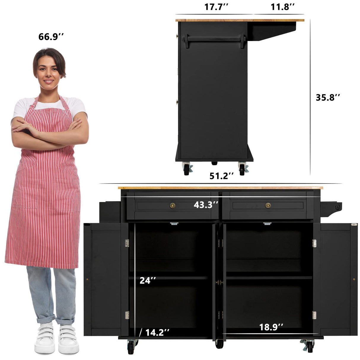 Rolling Kitchen Island with Drop Leaf – Movable Kitchen Carts on Wheels Island with Storage Cabinet, Island Table for Kitchen with Rubber Wood Top and Rack and Drawer, Matte, Black Gitua