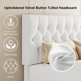 Feonase King Size Velvet Platform Bed Frame, Upholstered Bed with Button Tufted Headboard, Sturdy Wooden Slats & Heavy Duty Feet, No Box Spring Needed, Noise-Free, Easy Assembly, White Feonase